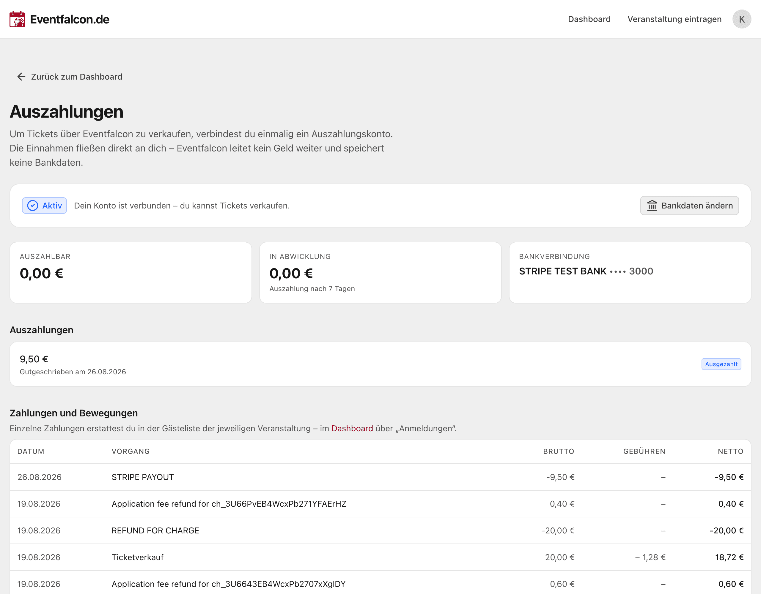 Der Auszahlungsbereich mit Guthaben, Auszahlungen und Bewegungen